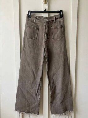 Miou Muse Ellen Wide Leg Jeans M Washed Brown High Rise Patch Pocket Raw Hem